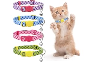 azuza 4 Pack Breakaway Plaid Kitten Collar with Bell, 4 Pack Quick Release Safe Buckle Cat Collars, 4 Colors Checkered Pattern, Adjustable from 6"-8"