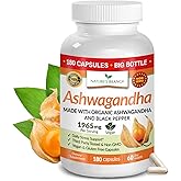 UDAF Certified Organic Ashwagandha with Black Pepper, 1965mg - Extra Strength for Stress, Sleep, Mood, Thyroid, Energy, Hair, Vegan Pure Root Extract Powder Supplement for Men and Women | 180 Capsules