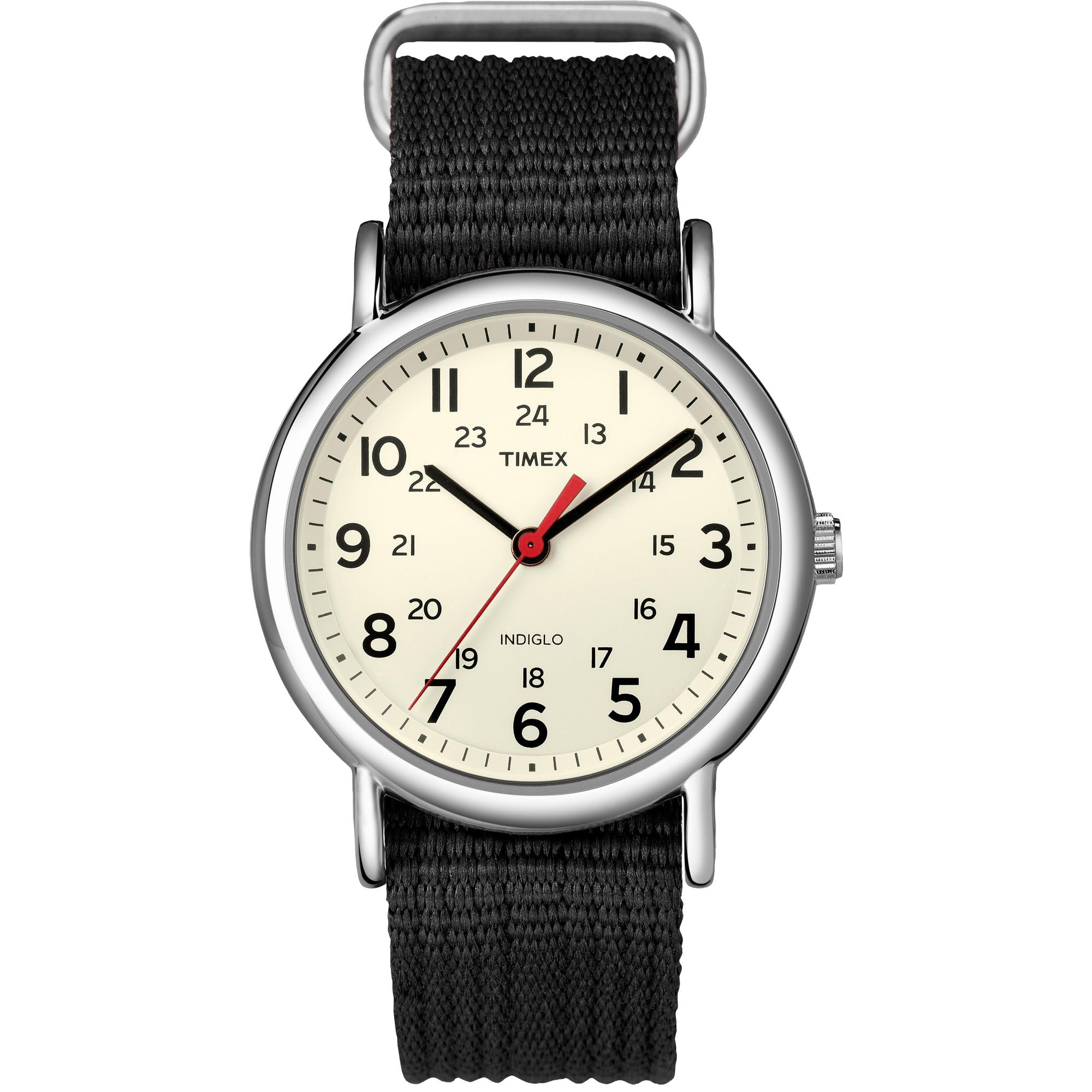 Reloj Timex unisex Weekender de 38 mm, caja plateada, esfera color crema y correa deslizable de tela negra