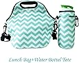 Amerzam Neoprene Lunch Bags/Lunch Boxes, Waterproof Outdoor Travel Picnic Lunch Box Bag Tote with Zipper and Adjustable Crossbody Strap (Light Blue Lunch bag+Water Bottle Tote)