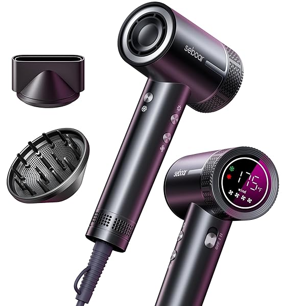 SEBOAR HIGH-SPEED IONIC HAIR DRYER WITH DIFFUSER, PROFESSIONAL LCD DISPLAY THERMO-CONTROL BLOW DRYER, 1500W FAST DRY, 500 MILLION NEGATIVE HAIRDRYER, LOW NOISE, LIGHTWEIGHT FOR TRAVEL HOME SALON