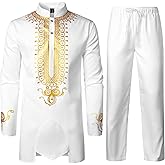 LucMatton Men's African Attire Outfit Gold Foil Print Long Sleeve Shirt and Pant Dashiki Suit 2 Piece Set