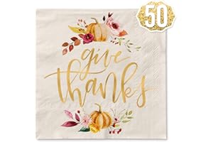 xo, Fetti Thanksgiving Gold Foil Napkins - 50 count | Give Thanks Decorations, 5 x 5 inches, 3ply, Autumn Leaves, Pumpkins, Fall Table Decor