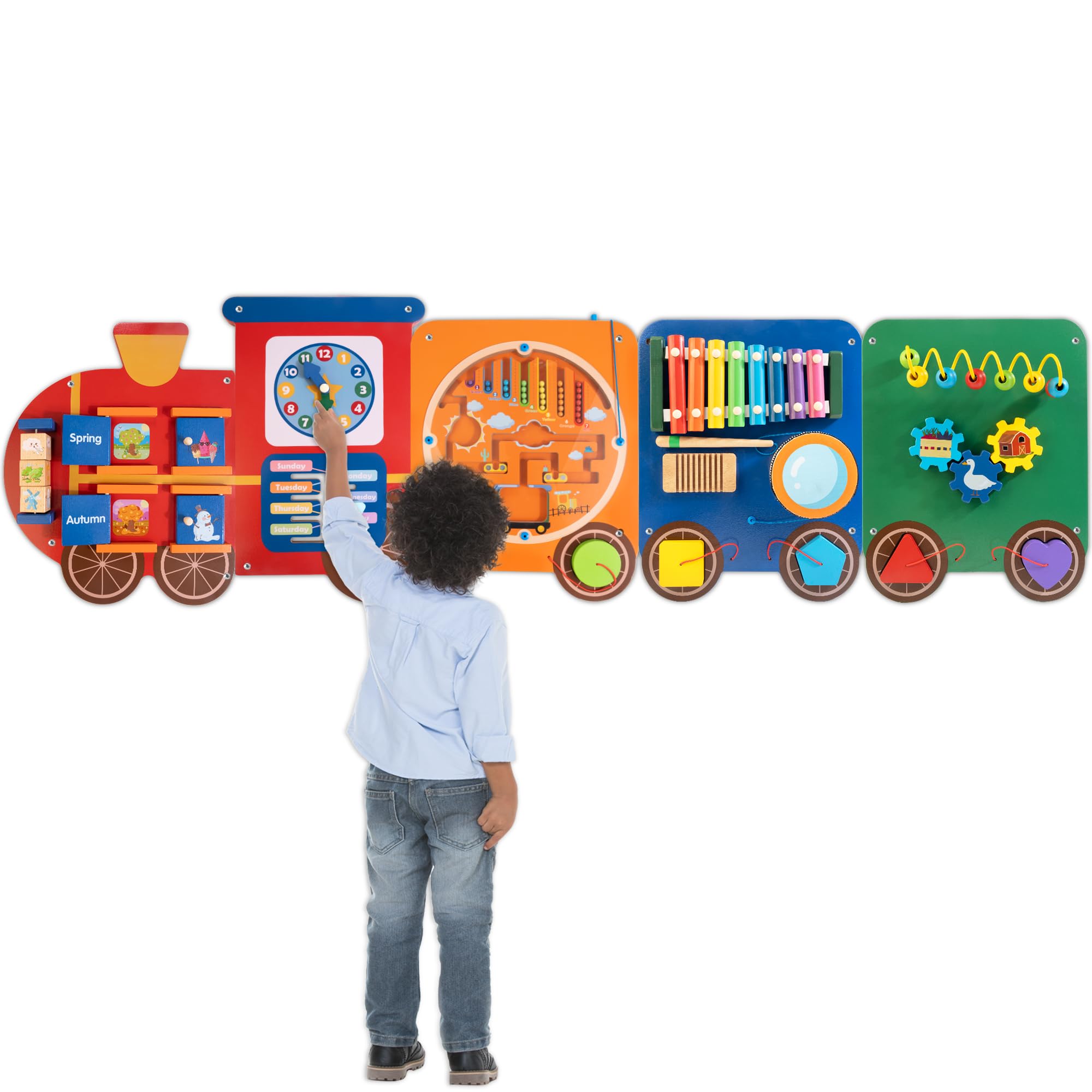 Photo 1 of Train Activity Wall Busy Board Panels | 11-in-1 Wooden Sensory Wall Panel for Kids, Toddler Montessori Learning Activity Center, Perfect for Toddler Playroom Nursery Classroom Dentist Waiting Room
