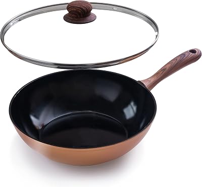 nuovva Non Stick Induction Wok Pan 28 cm with Glass Lid