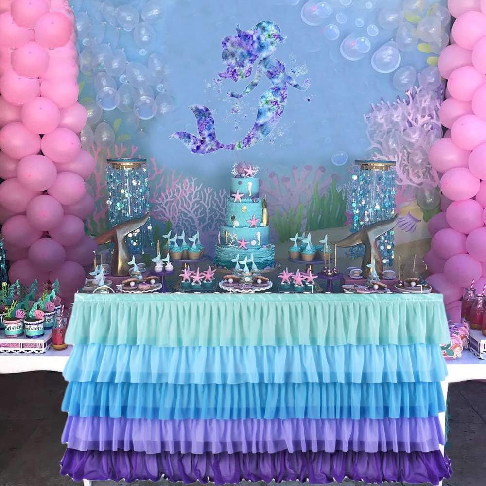 Tutu Table Skirt for Rectangle or Round Table Rainbow Chiffon Table Skirting for Party Baby Shower Wedding Birthday Decor … (Mermaid, 14FT)