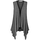 Lock and Love Women's Sleeveless Print/Solid Draped Open Front Cardigan Vest Asymmetric Hem Plus Size