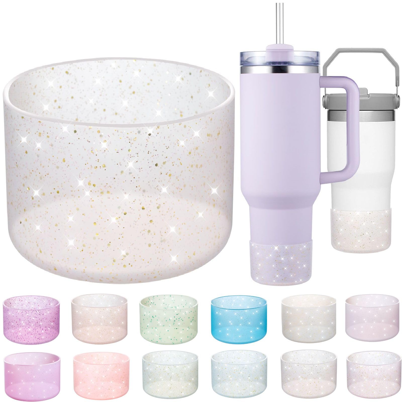 Photo 1 of Onlymory Silicone Boot for 30 40 OZ Stanley Cup Accessories, Glitter Boots for Stanley 20OZ 30OZ Tumbler Ice-Flow 16OZ Bottle, Anti-Slip Bling Protector Bottom Cover Sleeve, Clear Gold Pink