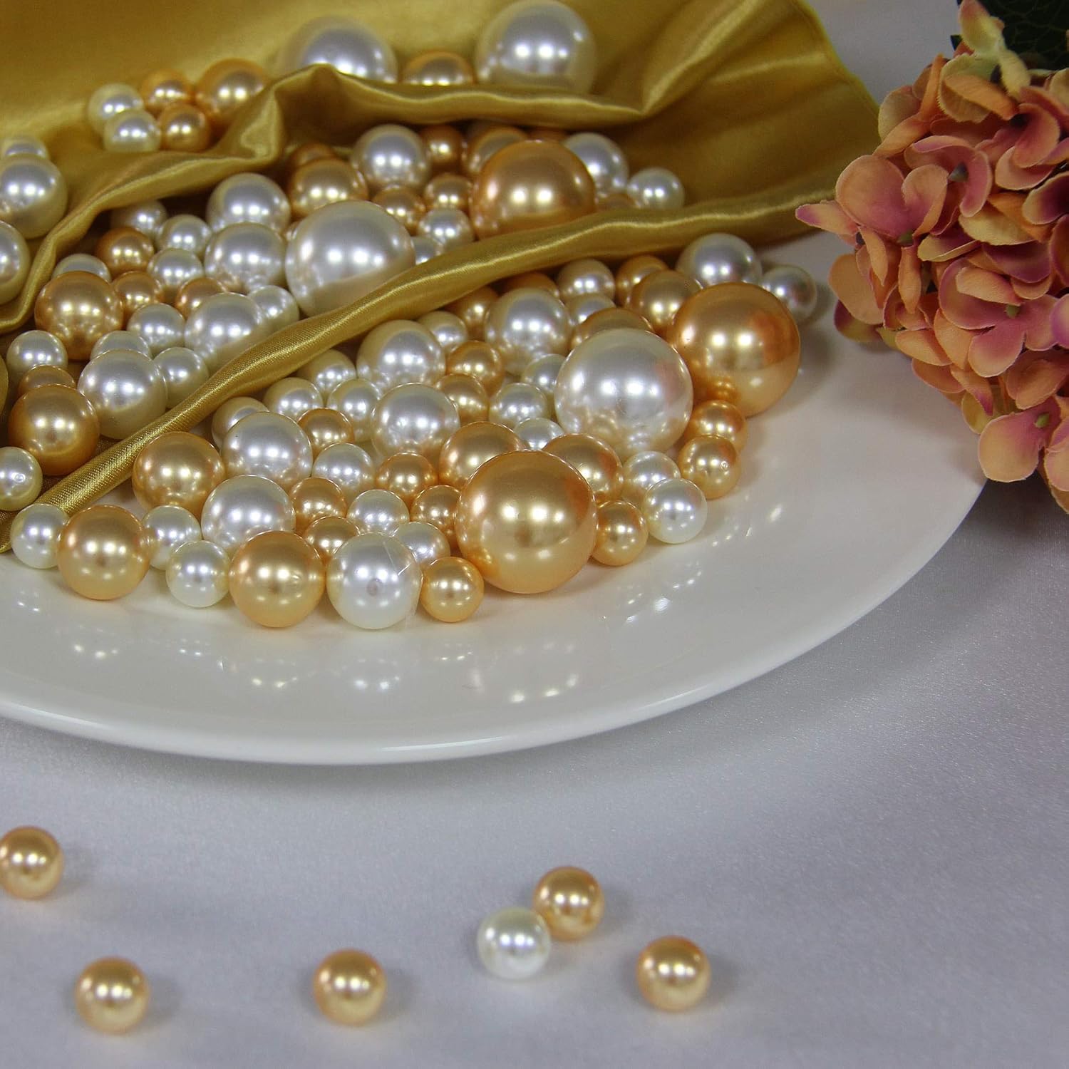 Vase Fillers - WELMATCH Gold Ivory Pearl Vase Fillers - 120 pcs 1 LB Faux Pearl Beads 14mm 20mm 30mm Assorted with 8000 pcs Clear Water Beads Included for Home Wedding Events decroation (Gold, Ivory)