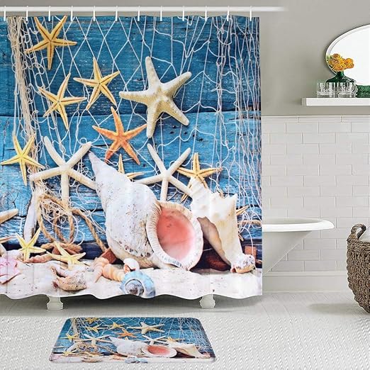 YOLIKA 2-teiliges Duschvorhangset mit Rutschfester Badematte,Blue