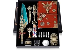 Aifeiter Quill Pen Ink Set Leather Notebook With Quill Pen,Notebook, 5 Replaceable Nibs,Seal Stamp,Spoon,Wax Beads,White Wax, Ink,Pen Holder,Cup,Envelope,Letter Paper,Envelope Tool(green)