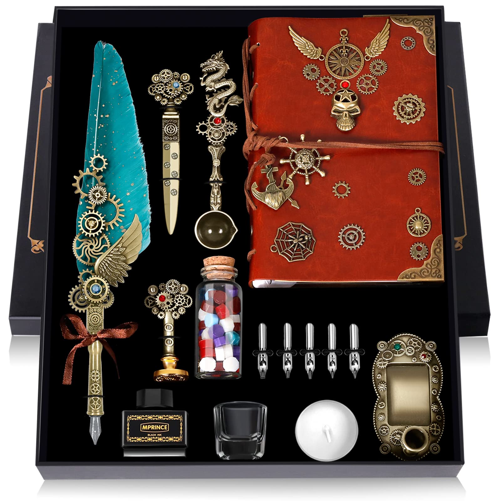 MPRINCE Quill Pen Ink Set Leather Notebook With Quill Pen, Notebook, 5 Replaceable Nibs, Seal Stamp, Spoon, Wax Beads, White Wax, Ink, Pen Holder, Cup, Envelope(green)
