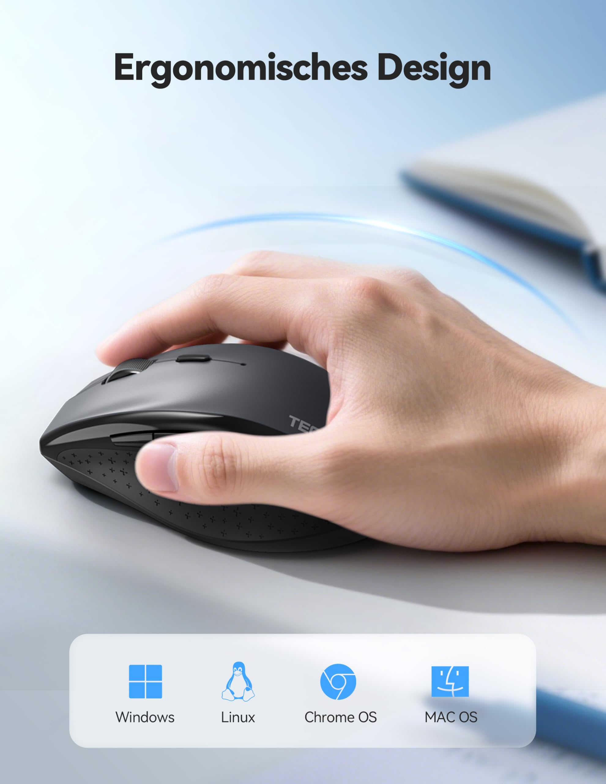 TECKNET PRO Kabellose Maus Wiederaufladbar, Silent Funkmaus 6400 DPI, 2,4 GHz Computermaus, Ergonomische Griffe, 6 Tasten, Tragbar Maus für PC, Laptop,Chromebook, Mac-Grau 4