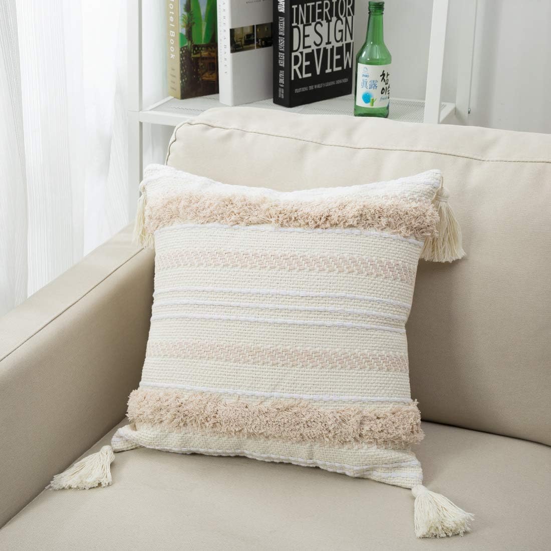 blue page Boho Neutral Decorative Throw Pillow Covers, Woven Tufted Pillows Cover for Couch Sofa Bedroom Living Room, Indoor Outdoor Pillow Cases with Tassels (18X18 inch, Yellowy Cream): Home & Kitchen