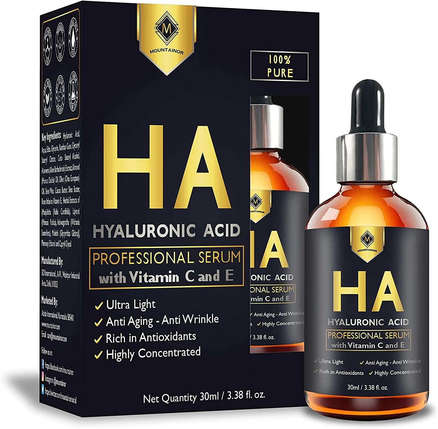 MOUNTAINOR Natural Hyaluronic Acid Serum For Face With Vitamin C,E & Retinol 30ml-Hydrating Skin Serum For Pigmentation, Anti Aging,Skin Brightening, Whitening, Under Eye Dark Circles & Glowing Skin.