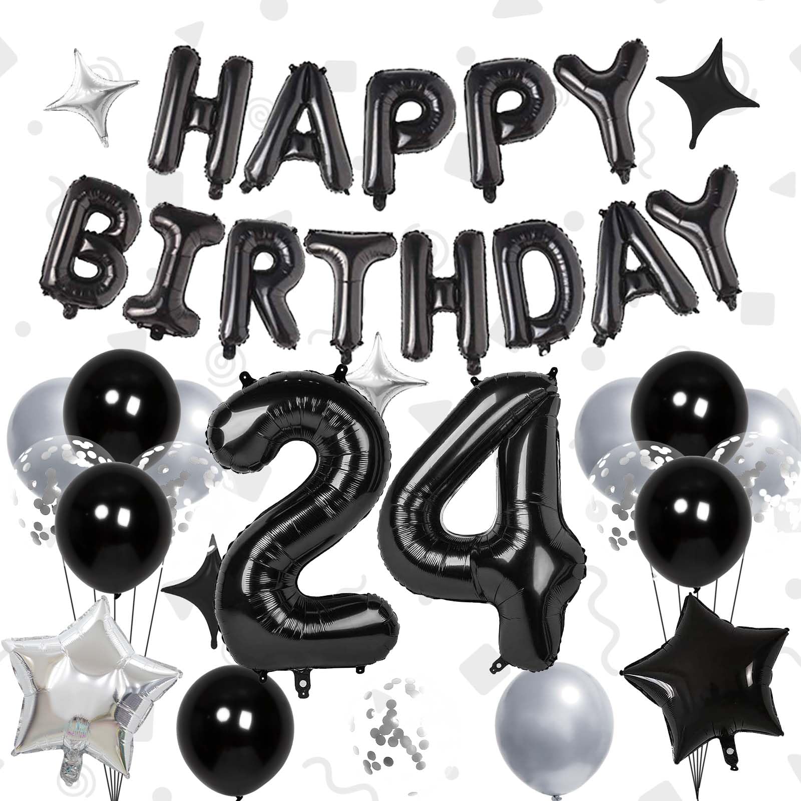 Photo 1 of 32 Inch 24 Balloon Numbers, Happy Birthday Balloons Banner 16 Inch Foil Letters Balloon Silver and Black Star Balloons for 24th Birthday Decorations for Men Black Party Decorations