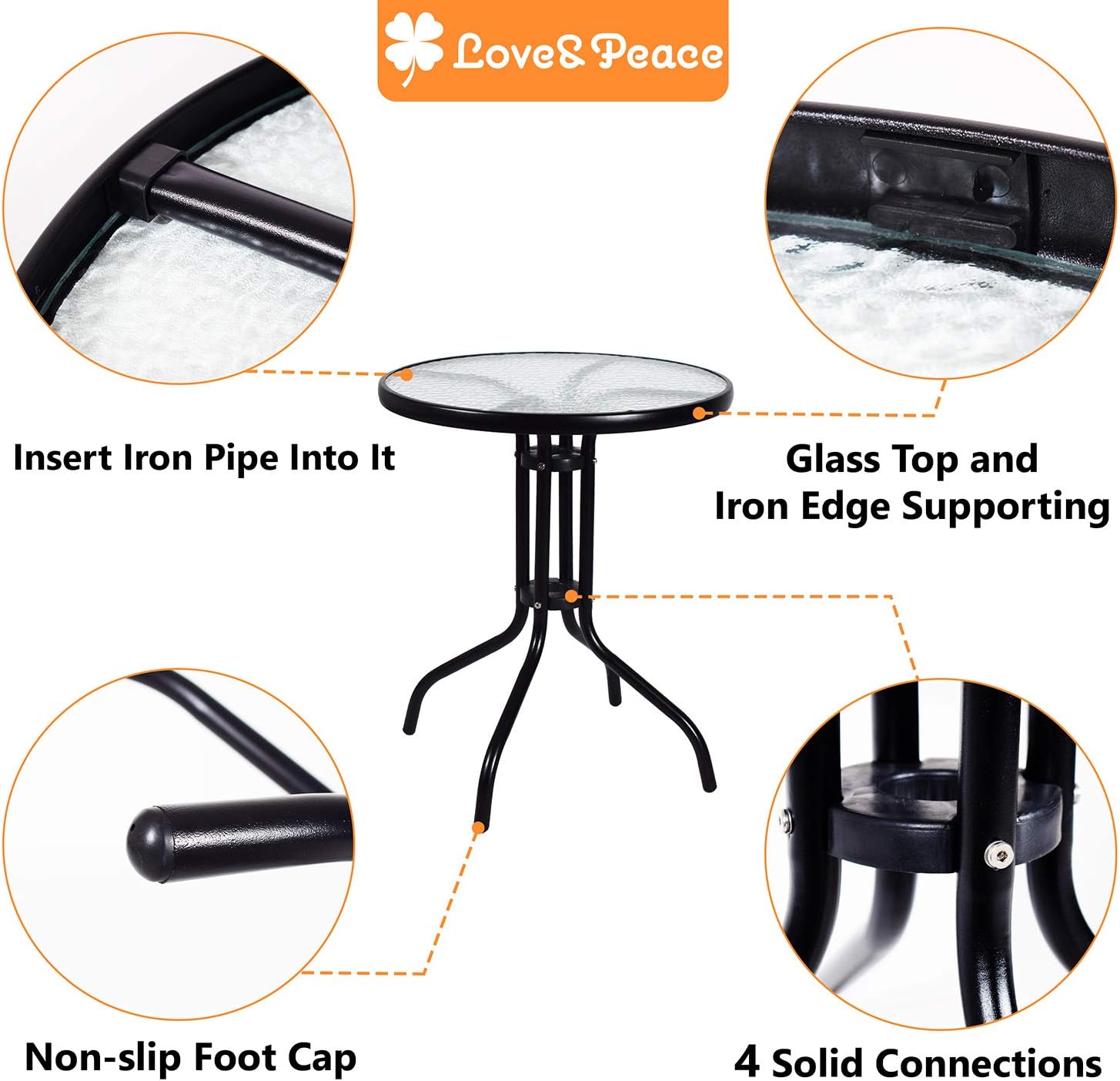 Love & Peace 24" x 24" Outdoor Bistro Table Metal Round Patio Side Table Outdoor Coffee Table Furniture Garden Backyard Dining Table, W/Elegant Water Ripple Glass Table Top, Black: Kitchen & Dining