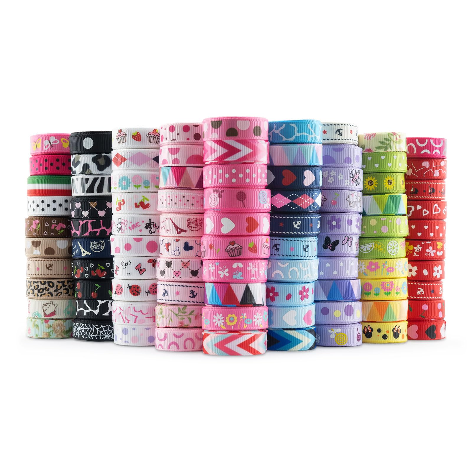 Summer-Ray 180 Yards Printed Grosgrain Ribbon – 3/8" (10mm) Wide – 90 Unique Designs, 2 Yards Each – Polyester, Colorfast & Machine Washable – Perfect for Crafts, Sewing & Hair Accessories