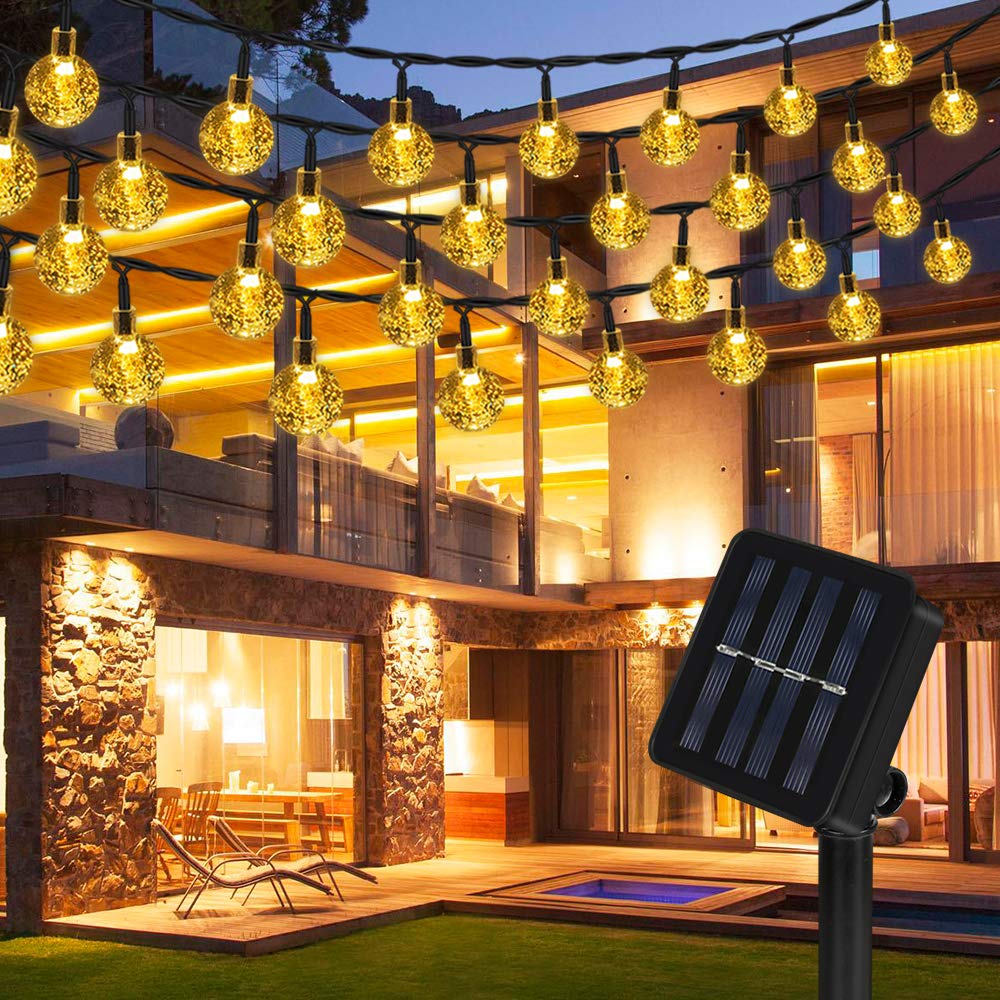 Nasharia Solar String Lights Garden, 6.5M 30 LEDs 8 Modes Crystal Ball Decorative Lighting, IP65 Waterproof Warm White Globe String Lights for Garden, Trees, Christmas, Weddings, Parties.
