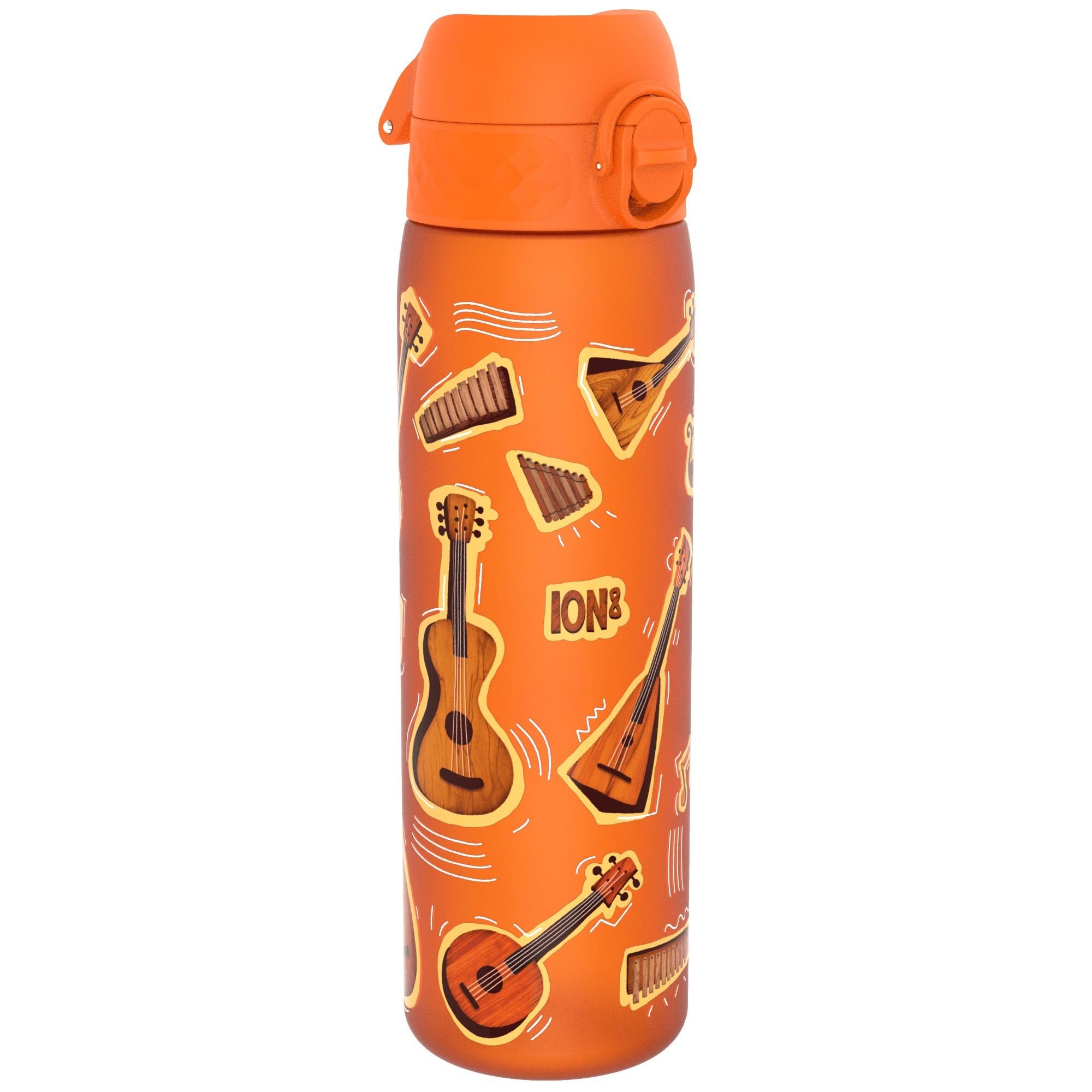 Ion8 Water Bottle, 500ml/18oz, Slim Leak Proof & BPA-Free Drinking Bottle, Secure Lock Prevents Spills, Dishwasher Safe, Carry Handle, Ideal for Adults & Kids - Travel, Gym & School, Orange, Music