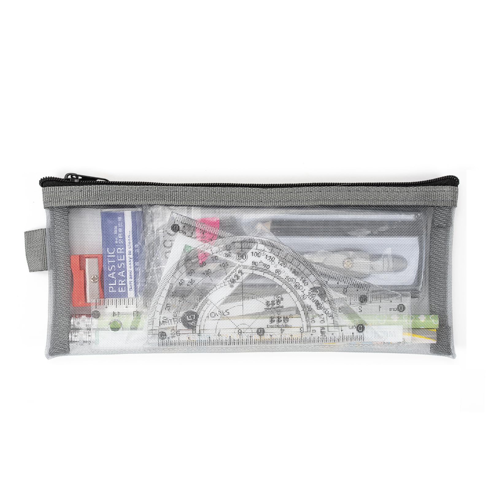 Vinuwu Clear Pencil Case for GCSE Exams,Maths Sets for Secondary School Stationery Set,Mesh Pencil Case,Geometry Sets Includes Pencil, Sharpener, Ruler, Eraser, Protractor and Compass (Grey)