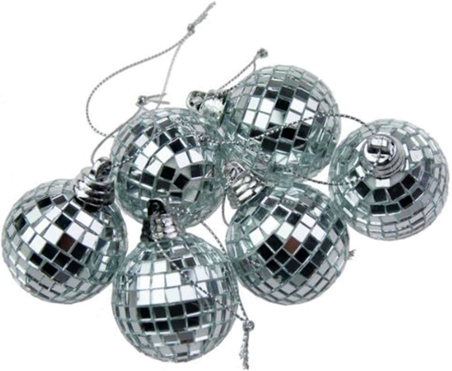 6cm - Set of 6 Disco Mirror Baubles Christmas Hanging Decoration Xmas Tree Mirrored Decor Hang Balls - Silver