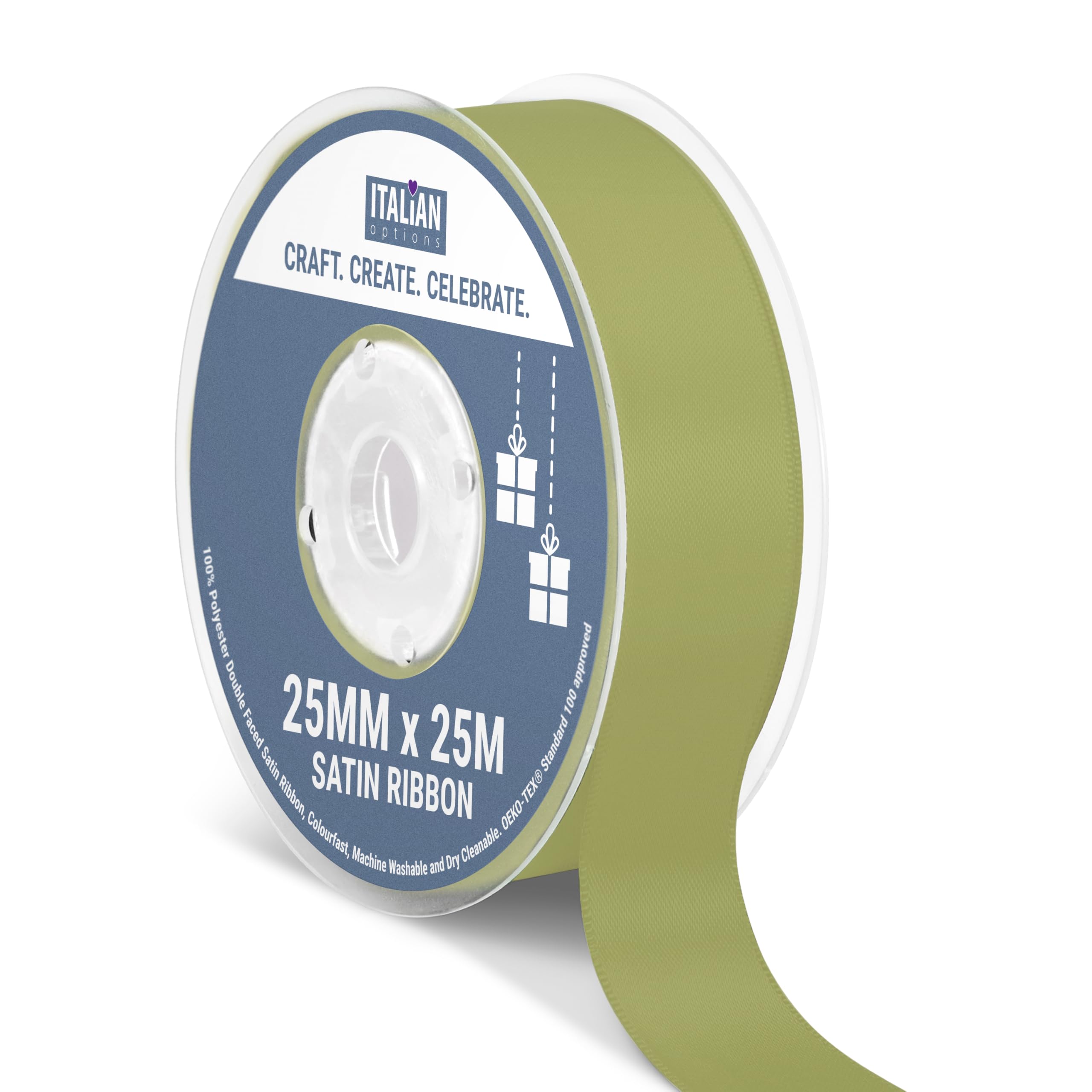 Italian Options Satin Ribbon, Fabric Ribbons for Gift Wrapping, Crafting, Balloons, Wedding Car, Presents, Cake, Christmas, Birthday, Gift Wrap Accessories, 25mm Wide x 25 Metre Roll, Moss Green