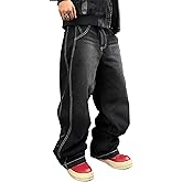 DFGIGT Mens Irregular Sutures Baggy Jeans with Angled Pocket Y2k Hip Hop Wide Leg Denim Pants