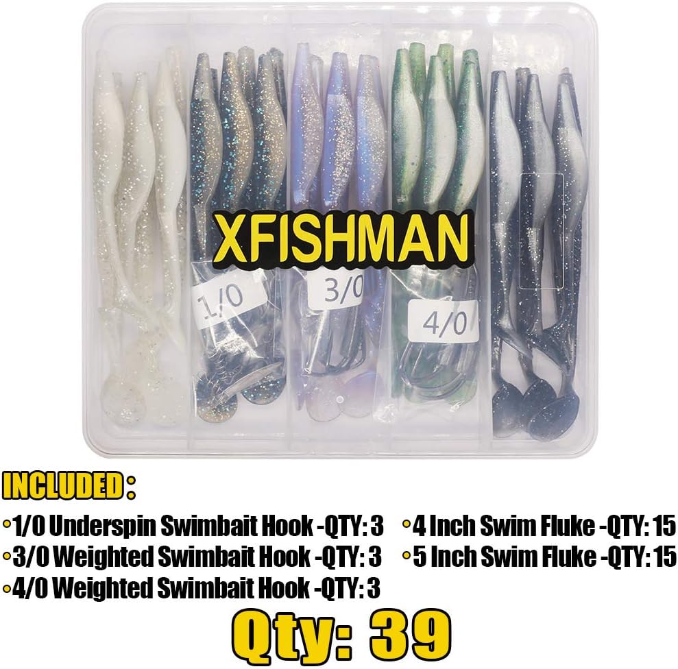 Swim-Fluke-Bait-for-Bass-Fishing-Lure-Paddle-Tail-Soft-Plastic-Baits Kit 4 - 5 Inch Pack of 25 (39PC Swimming Fluke Rig Kit) : Sports & Outdoors