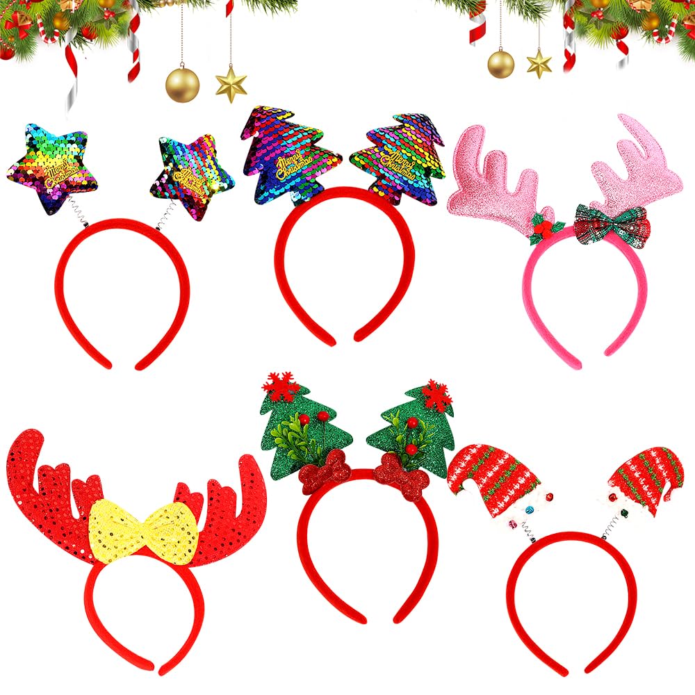 LKNBIF 6 Pack Christmas Headbands, Christmas Tree Hair Bands, Glitter Green Sequins Headbands Accessories, Novelty Christmas Head Boppers and New Year Holiday Party Gift