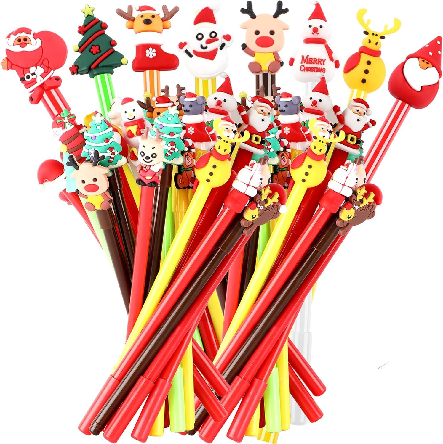 KAHEIGN 50Pcs Christmas Gel Ink Pen, 25 Styles Christmas Tree Snowman Reindeer Santa Claus Rollerball Pens Christmas Characters Stick Pen for Xmas Stocking Fillers Party Favors Gift (18CM)