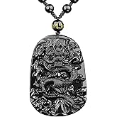 VIKCAUX Black Obsidian Necklace Protection Pendant with Extended Bead Chain Healing Crystal Stone Amulet Necklace for Men Women
