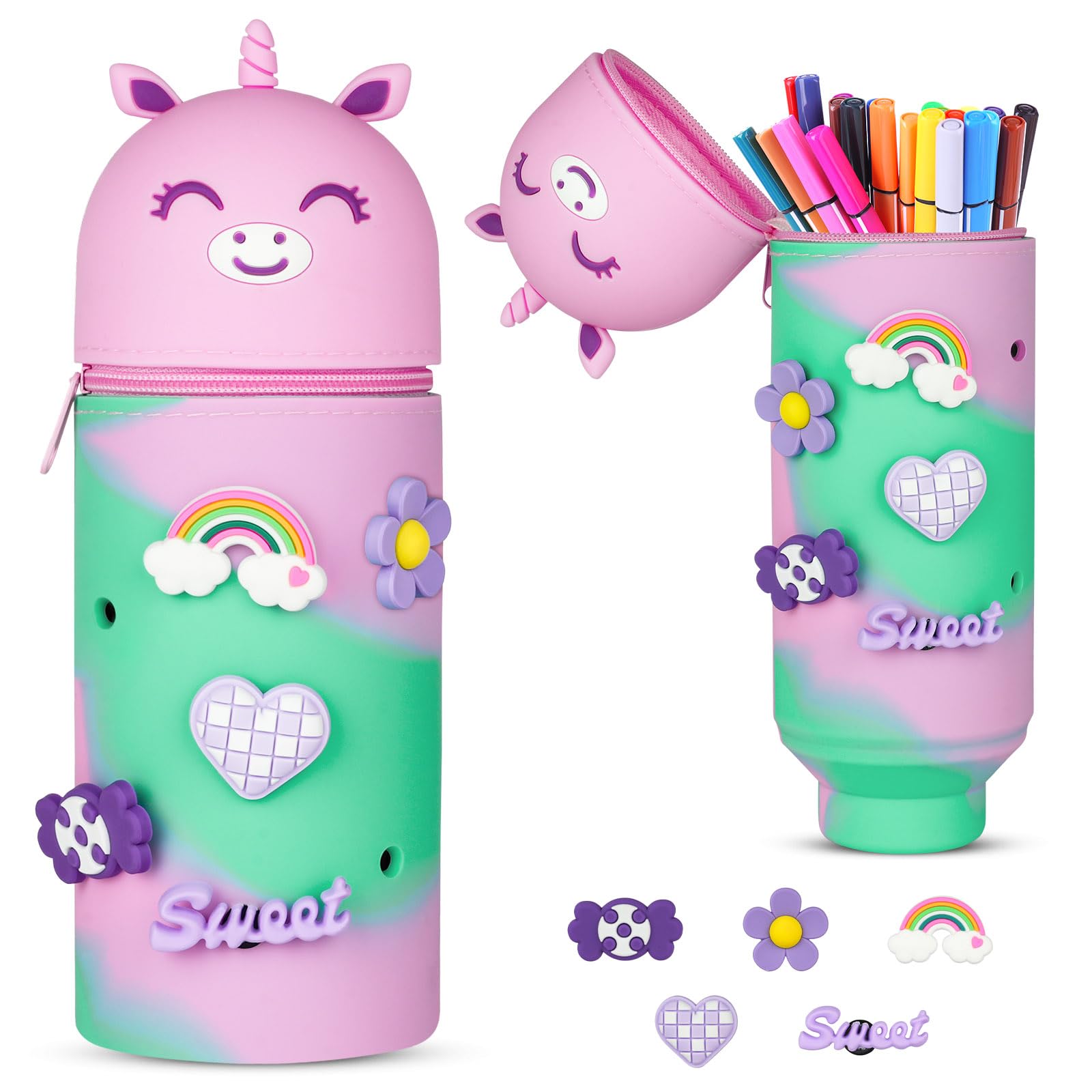 Vicloon Unicorn DIY Hole Pencil Case, 2 in 1 Silicone Pouches Big Capacity Pencil Case and Desk Pen Holder, Retractable Capacity, Zipper Closure (Purple)