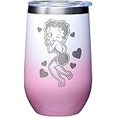 Spoontiques Betty Boop Etched Stainless Steel Tumble - Insulated Wine Tumbler with Lid – Double Wall Stainless Steel Stemless Wine Glass – 16oz - 5 5/8" Tall