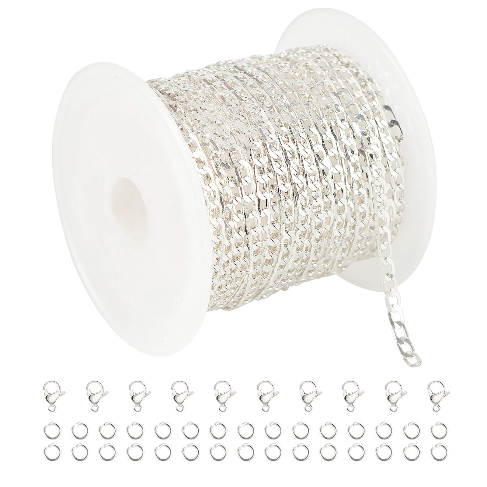 Photo 1 of UMAOKANG 16.4 Feet Silver Cuban Chains for Jewelry Making Silver Plated Brass Necklace Chain on Spool with Jump Rings and Lobster Clasps