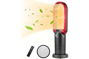 OCEAN LOONG OceanLoong Bladeless Fan & Space Heater in One, Tower Fan for Bedroom Home,1500W Electric Heater with Adjustable Thermostat, Tip-Over Switch, Remote, Timer, Oscillating Table Fan, 29inch Red