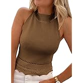 EVALESS Womens Tank Tops Summer Ribbed Knit Racerback High Neck Halter Crop Tops Blouses Sleeveless Slim Basic Cami Shirts