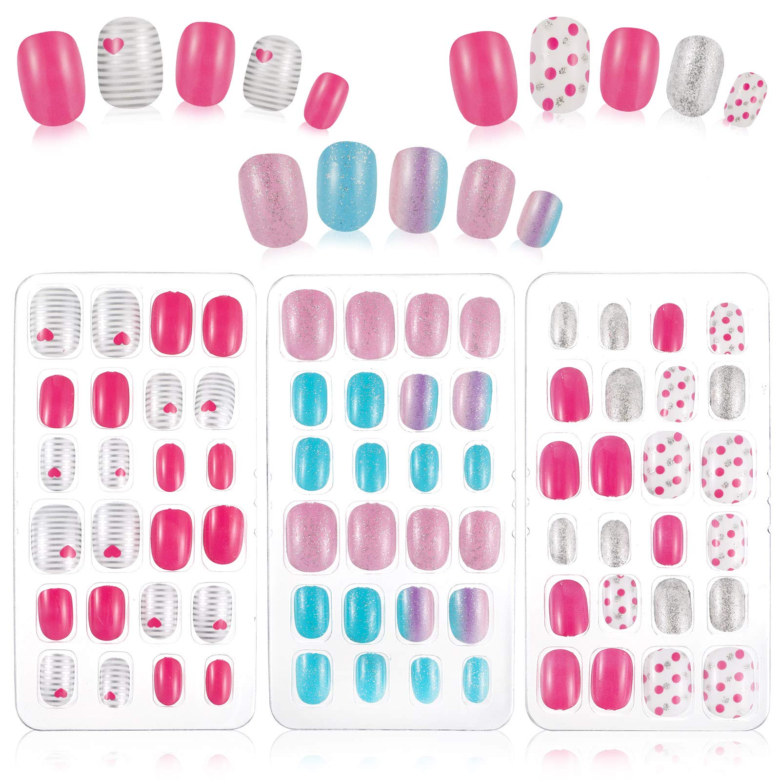 RosewineC 72 Pieces Girls Press on Nails Fake Nails Artificial Nail Tips Children Full Cover Short False Fingernails for Girls Nail Art Decoration