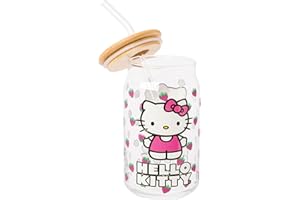 Silver Buffalo Sanrio Hello Kitty Strawberry Glass Mason Jar Tumbler with Bamboo Lid and Glass Straw, 16 Ounces