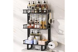 Cozivolife Bamboo Over The Toilet Storage Shelf,Non-Trace Adhesive Bathroom Organizer Shelf with Toilet Paper Rolls Holder and Hooks, Above Toilet Storage Rack Space Saver (Black, L)