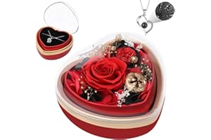 Casaido Preserved Real Rose with I Love You Necklace in Heart Shaped Box, Christmas Roses Gift for Women, Red Eternal Flower Valentines Mothers Day Birthday Gifts for Her Mom Wife Girlfriend Grandma