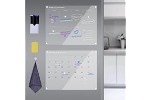 QUECEUY Transparent Acrylic Magnetic Calendar for Refrigerator, 2 Reusable Monthly and Weekly Transparent Dry Wipe Plate Planning Sets, Including 6 Color Markers, Magnetic Pen Holders, and Towels (16 "x12")