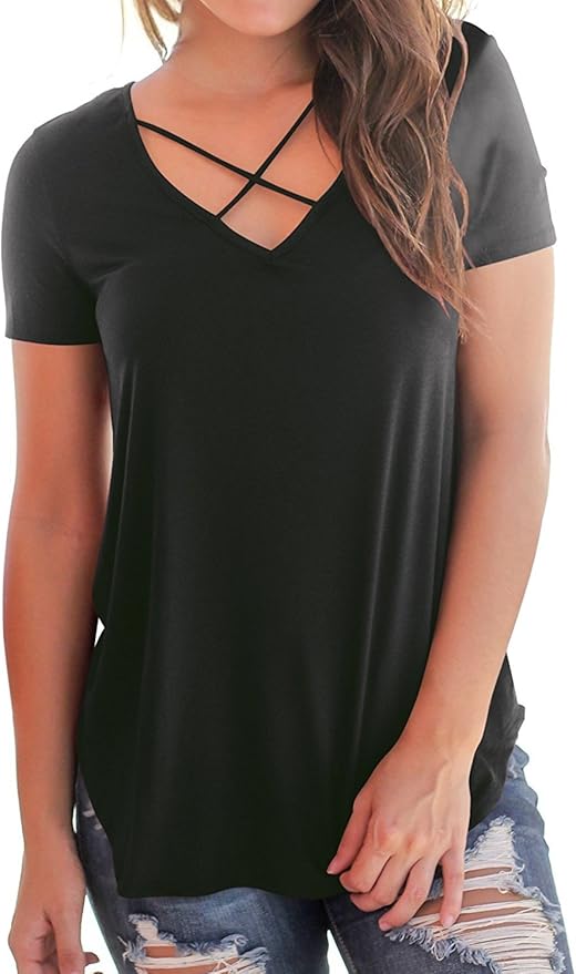 Buy Women's Criss Cross Front Top Tee TShirt with Deep V Neck Black 2XL at Amazon.in