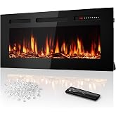 Tehanld 36" Ultra-Thin Electric Fireplace Heater, Recessed Wall Mounted | 60-99&deg;F Thermostat, 0/750/1500W, Fast Heat, Child Lock, Realistic Flame, Log &amp; Crystal for Bedroom Small Apartment