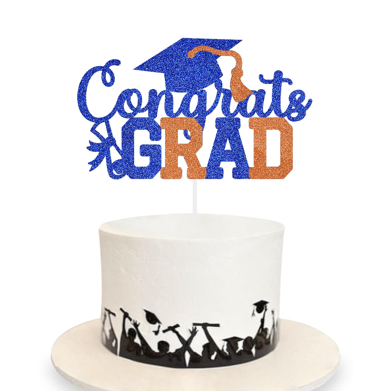 Photo 1 of Congrats Grad Cake Topper Graduation Party Table Ideas Glitter Junior High School College University Decorations Blue Orange