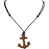 BlueRica Hand Carved Wood Anchor Pendant on Adjustable Black Rope Cord Necklace
