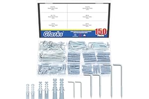 Glarks 150pcs M2.8/3.7/3.8 Silver L Shaped Screw in Hooks with Safety Buckle Kit, Include 75pcs Right-Angle Hook 75pcs Plastic Expansion Tube, Square Bend Self-Tapping Hook for Cup, Lights