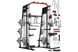 GarveeLife Smith Machine Home Gym All in One, 2200LBS Squat Rack Power Cage with Smith Bar, LAT Pull-Down, Cable Systems, Leg Hold-Down and More Attachments, Workout Equipment (Red Black)