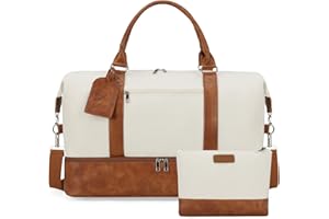 Oeihuivt Weekender Bags for Women - 21 Inch Large Travel Duffel Bag 2-Piece Set with Shoe Compartment, Heavy-Duty Canvas Leather Carry On Overnight Tote