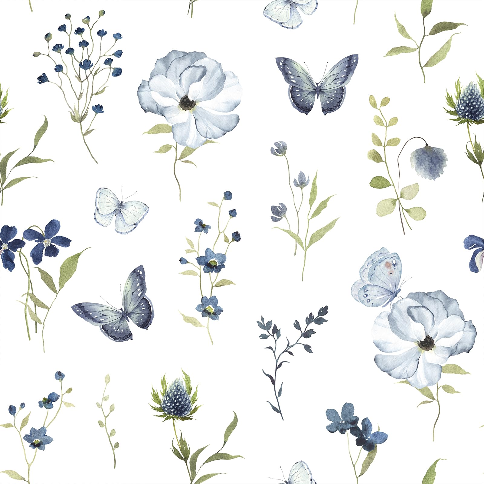 VEELIKE Blue Butterfly Floral Wallpaper Peel and Stick Wallpaper for Bedroom Bathroom 44.5 cm x 300 cm Vintage Blue Flower Wall Paper Roll Living Room Leaf Contact Paper for Walls Prepasted Remoavble